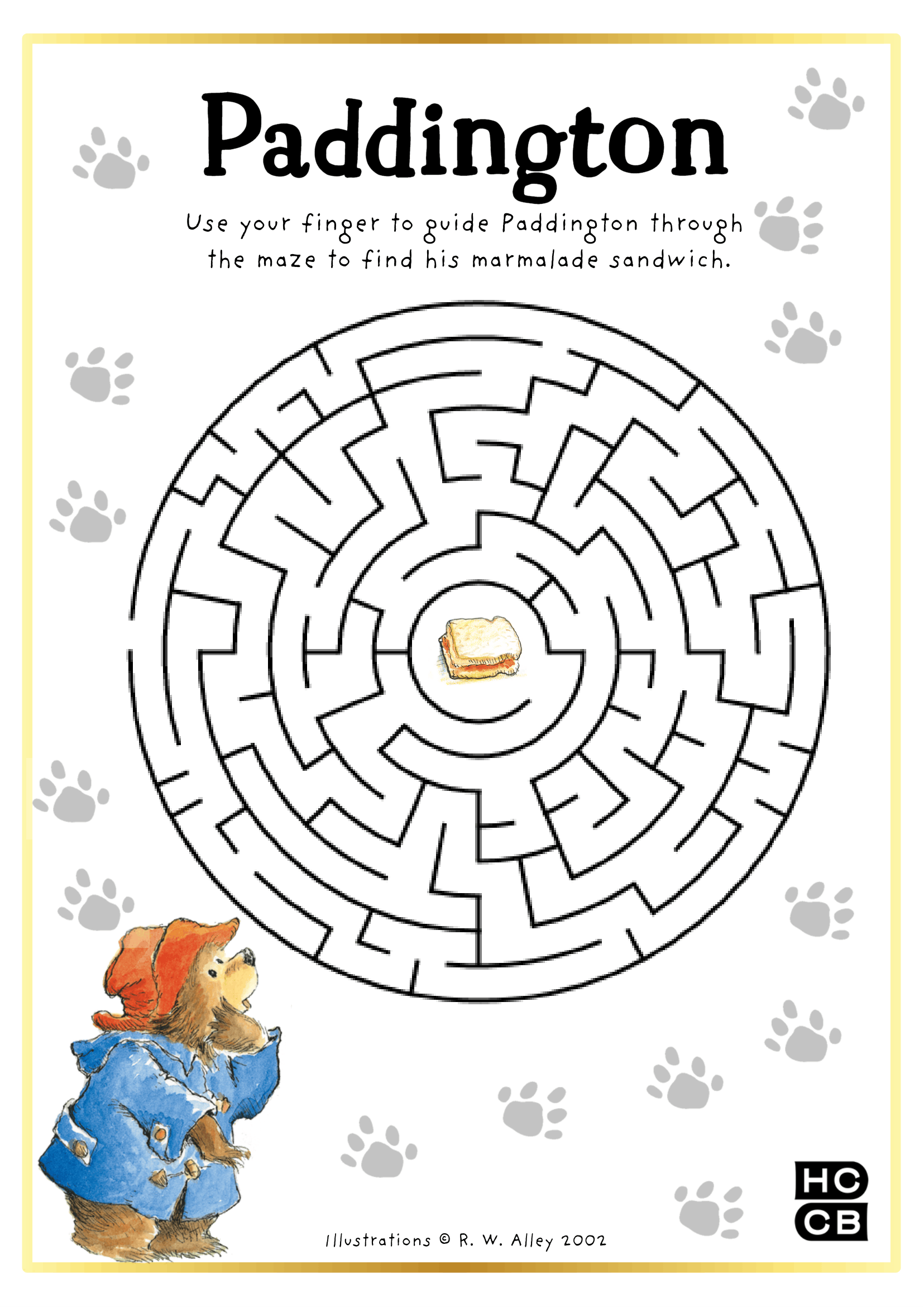 Free printable Paddington maze activity sheet.